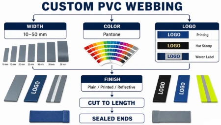 Custom PVC coated webbing width color logo and finish options Custom PVC coated webbing width color logo and finish options